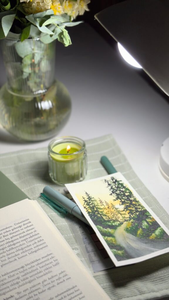 Serene reading nook with candle, art print, and flowers. Perfect for relaxation.